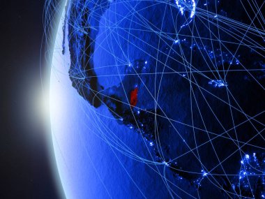 Belize Uluslararası ağı ile Dünya'nın mavi dijital modeli uzaydan. Mavi dijital iletişim veya seyahat kavramı. 3D çizim. Nasa tarafından döşenmiş bu görüntü unsurları.