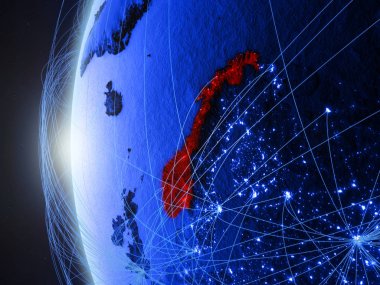 Norveç uluslararası ağı ile Dünya'nın mavi dijital modeli uzaydan. Mavi dijital iletişim veya seyahat kavramı. 3D çizim. Nasa tarafından döşenmiş bu görüntü unsurları.