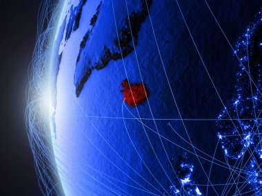 İzlanda'dan alan uluslararası ağı ile Dünya'nın mavi dijital modeli. Mavi dijital iletişim veya seyahat kavramı. 3D çizim. Nasa tarafından döşenmiş bu görüntü unsurları.