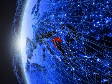 Hırvatistan uluslararası ağı ile Dünya'nın mavi dijital modeli uzaydan. Mavi dijital iletişim veya seyahat kavramı. 3D çizim. Nasa tarafından döşenmiş bu görüntü unsurları.