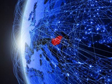 Macaristan uluslararası ağı ile Dünya'nın mavi dijital modeli uzaydan. Mavi dijital iletişim veya seyahat kavramı. 3D çizim. Nasa tarafından döşenmiş bu görüntü unsurları.