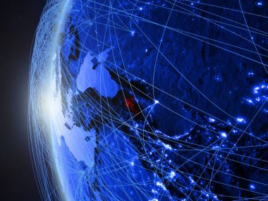 Ermenistan Uluslararası ağı ile Dünya'nın mavi dijital modeli uzaydan. Mavi dijital iletişim veya seyahat kavramı. 3D çizim. Nasa tarafından döşenmiş bu görüntü unsurları.