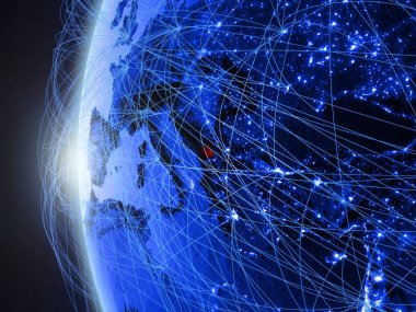 Uluslararası ağ ile Dünya'nın mavi dijital modeli üzerinde yer--dan Kosovo. Mavi dijital iletişim veya seyahat kavramı. 3D çizim. Nasa tarafından döşenmiş bu görüntü unsurları.