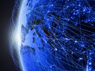 Karadağ uluslararası ağı ile Dünya'nın mavi dijital modeli uzaydan. Mavi dijital iletişim veya seyahat kavramı. 3D çizim. Nasa tarafından döşenmiş bu görüntü unsurları.