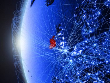 İrlanda uluslararası ağı ile Dünya'nın mavi dijital modeli uzaydan. Mavi dijital iletişim veya seyahat kavramı. 3D çizim. Nasa tarafından döşenmiş bu görüntü unsurları.