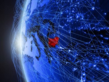 Bulgaristan uluslararası ağı ile Dünya'nın mavi dijital modeli uzaydan. Mavi dijital iletişim veya seyahat kavramı. 3D çizim. Nasa tarafından döşenmiş bu görüntü unsurları.