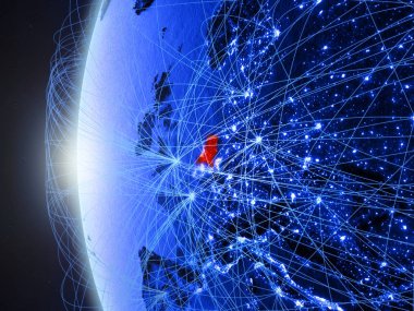 Hollanda Uluslararası ağı ile Dünya'nın mavi dijital modeli uzaydan. Mavi dijital iletişim veya seyahat kavramı. 3D çizim. Nasa tarafından döşenmiş bu görüntü unsurları.