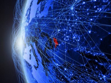 Moldova uluslararası ağı ile Dünya'nın mavi dijital modeli uzaydan. Mavi dijital iletişim veya seyahat kavramı. 3D çizim. Nasa tarafından döşenmiş bu görüntü unsurları.