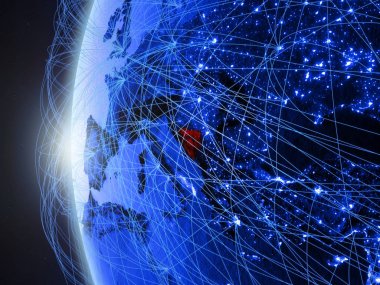 Bosna ve Hersek'te uluslararası ağı ile Dünya'nın mavi dijital modeli uzaydan. Mavi dijital iletişim veya seyahat kavramı. 3D çizim. Nasa tarafından döşenmiş bu görüntü unsurları.