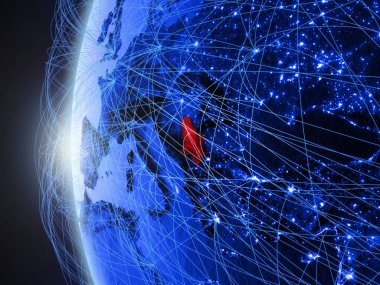 Sırbistan uluslararası ağı ile Dünya'nın mavi dijital modeli uzaydan. Mavi dijital iletişim veya seyahat kavramı. 3D çizim. Nasa tarafından döşenmiş bu görüntü unsurları.