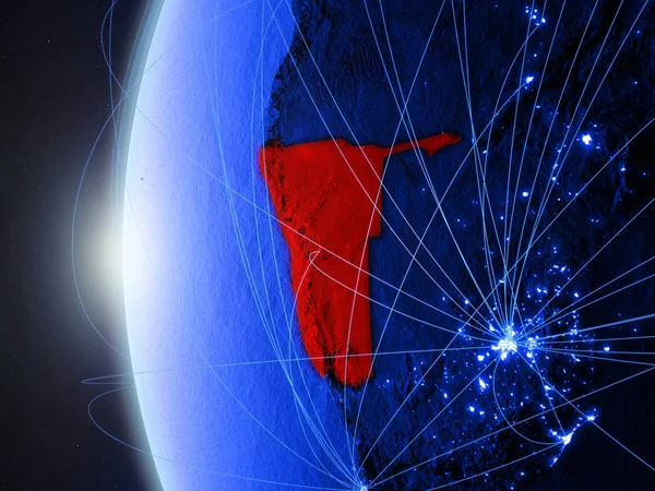 Namibia from space on blue digital model of Earth with international network. Concept of blue digital communication or travel. 3D illustration. Elements of this image furnished by NASA.