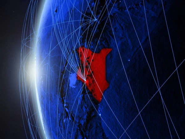 Kenya from space on blue digital model of Earth with international network. Concept of blue digital communication or travel. 3D illustration. Elements of this image furnished by NASA.