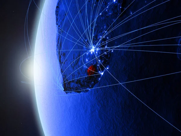 Lesotho from space on blue digital model of Earth with international network. Concept of blue digital communication or travel. 3D illustration. Elements of this image furnished by NASA.