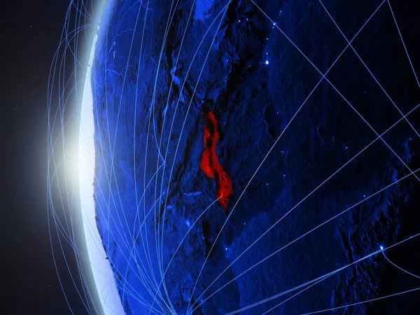 Malawi from space on blue digital model of Earth with international network. Concept of blue digital communication or travel. 3D illustration. Elements of this image furnished by NASA.