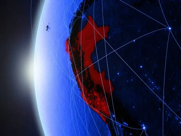 Peru from space on blue digital model of Earth with international network. Concept of blue digital communication or travel. 3D illustration. Elements of this image furnished by NASA.