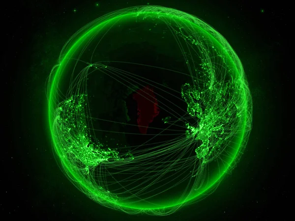 Greenland from space on planet Earth with green network representing international communication, technology and travel. 3D illustration. Elements of this image furnished by NASA.