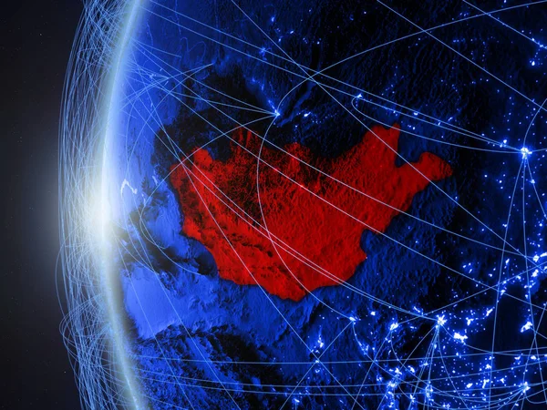 Mongolia from space on blue digital model of Earth with international network. Concept of blue digital communication or travel. 3D illustration. Elements of this image furnished by NASA.