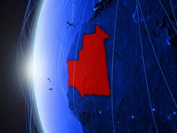 Mauritania from space on blue digital model of Earth with international network. Concept of blue digital communication or travel. 3D illustration. Elements of this image furnished by NASA.