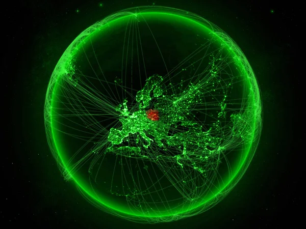 Poland from space on planet Earth with green network representing international communication, technology and travel. 3D illustration. Elements of this image furnished by NASA.