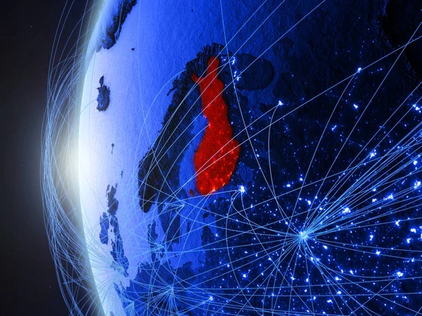 Finland from space on blue digital model of Earth with international network. Concept of blue digital communication or travel. 3D illustration. Elements of this image furnished by NASA.