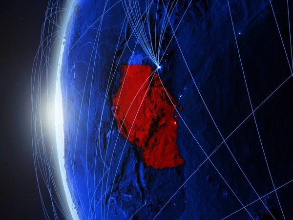Tanzania from space on blue digital model of Earth with international network. Concept of blue digital communication or travel. 3D illustration. Elements of this image furnished by NASA.
