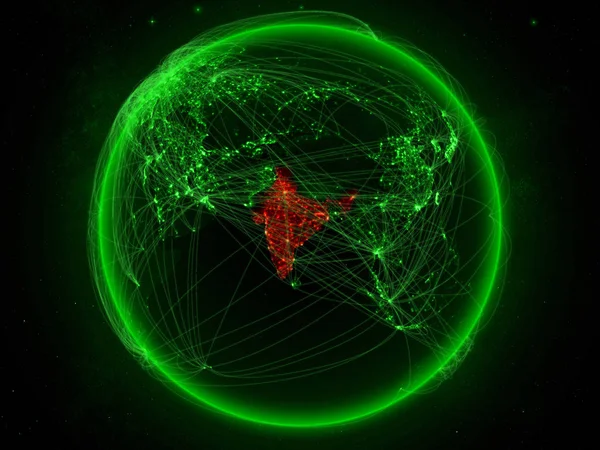 India from space on planet Earth with green network representing international communication, technology and travel. 3D illustration. Elements of this image furnished by NASA.