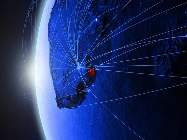 eSwatini from space on blue digital model of Earth with international network. Concept of blue digital communication or travel. 3D illustration. Elements of this image furnished by NASA.