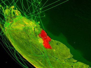 Guyana dijital Planet Earth ağ ile uzaydan. Uluslararası iletişim, teknoloji ve seyahat kavramı. 3D çizim. Nasa tarafından döşenmiş bu görüntü unsurları.