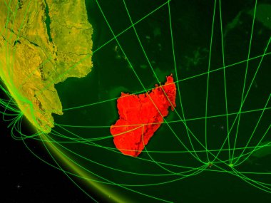 Madagaskar dijital Planet Earth ağ ile uzaydan. Uluslararası iletişim, teknoloji ve seyahat kavramı. 3D çizim. Nasa tarafından döşenmiş bu görüntü unsurları.