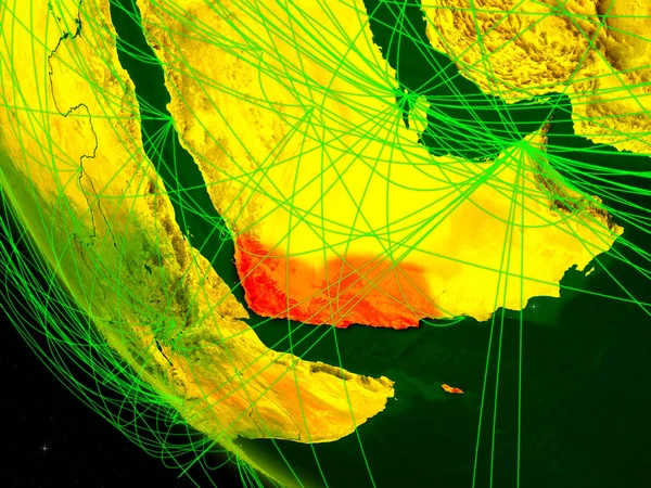 Yemen dijital Planet Earth ağ ile uzaydan. Uluslararası iletişim, teknoloji ve seyahat kavramı. 3D çizim. Nasa tarafından döşenmiş bu görüntü unsurları.