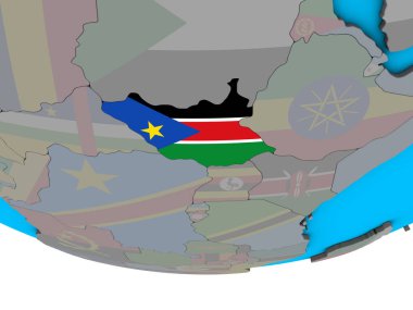 Güney Sudan basit siyasi 3d dünya üzerinde katıştırılmış ulusal bayrak ile. 3D çizim.