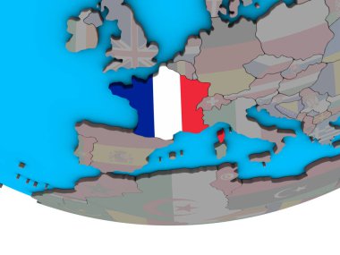 Fransa ile basit siyasi 3d dünya üzerinde katıştırılmış ulusal bayrak. 3D çizim.