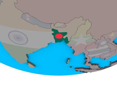 Bangladeş basit siyasi 3d dünya üzerinde katıştırılmış ulusal bayrak ile. 3D çizim.