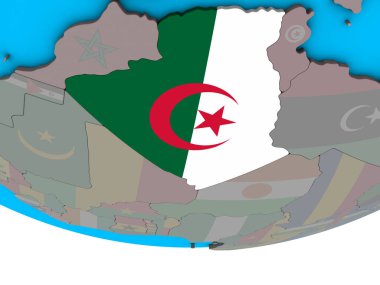 Cezayir basit siyasi 3d dünya üzerinde katıştırılmış ulusal bayrak ile. 3D çizim.
