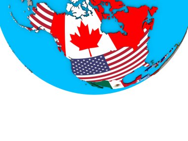 Basit siyasi 3d dünya üzerinde katıştırılmış ülke bayrakları ile Kuzey Amerika. 3D çizim.