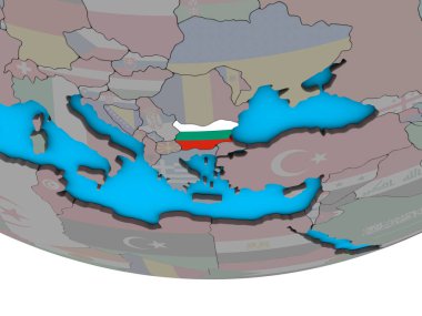 Bulgaristan ile basit siyasi 3d dünya üzerinde katıştırılmış ulusal bayrak. 3D çizim.