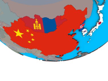 Doğu Asya basit siyasi 3d dünya üzerinde katıştırılmış ülke bayrakları ile. 3D çizim.