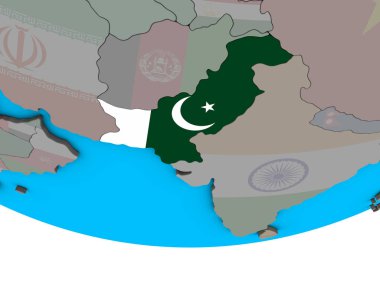 Pakistan ile basit siyasi 3d dünya üzerinde katıştırılmış ulusal bayrak. 3D çizim.