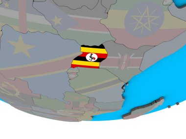 Uganda basit siyasi 3d dünya üzerinde katıştırılmış ulusal bayrak ile. 3D çizim.
