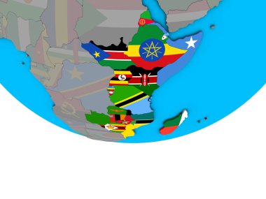 Basit siyasi 3d dünya üzerinde katıştırılmış ülke bayrakları ile Doğu Afrika. 3D çizim.