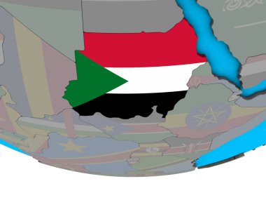 Sudan basit siyasi 3d dünya üzerinde katıştırılmış ulusal bayrak ile. 3D çizim.