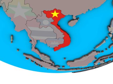 Vietnam ile basit siyasi 3d dünya üzerinde katıştırılmış ulusal bayrak. 3D çizim.