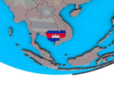 Kamboçya ile basit siyasi 3d dünya üzerinde katıştırılmış ulusal bayrak. 3D çizim.