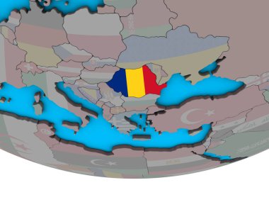 Romanya ile basit siyasi 3d dünya üzerinde katıştırılmış ulusal bayrak. 3D çizim.
