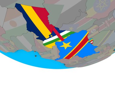 Orta Afrika basit siyasi 3d dünya üzerinde katıştırılmış ülke bayrakları ile. 3D çizim.