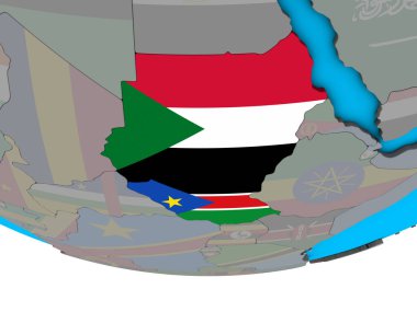 Eski Sudan basit siyasi 3d dünya üzerinde katıştırılmış ülke bayrakları ile. 3D çizim.