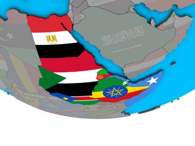 Basit siyasi 3d dünya üzerinde katıştırılmış ülke bayrakları ile kuzeydoğu Afrika. 3D çizim.