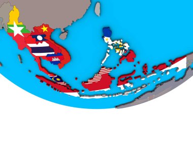 ASEAN ülkeleri basit siyasi 3d dünya üzerinde katıştırılmış ülke bayrakları ile. 3D çizim.