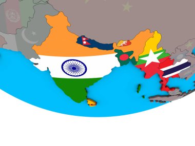 Bimstec üye devletler basit siyasi 3d dünya üzerinde katıştırılmış ülke bayrakları ile. 3D çizim.