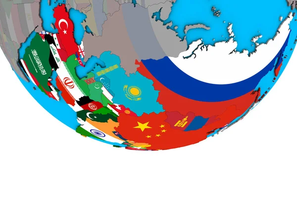 在简单的政治3D 地球上嵌入国旗的亚洲 — 图库照片